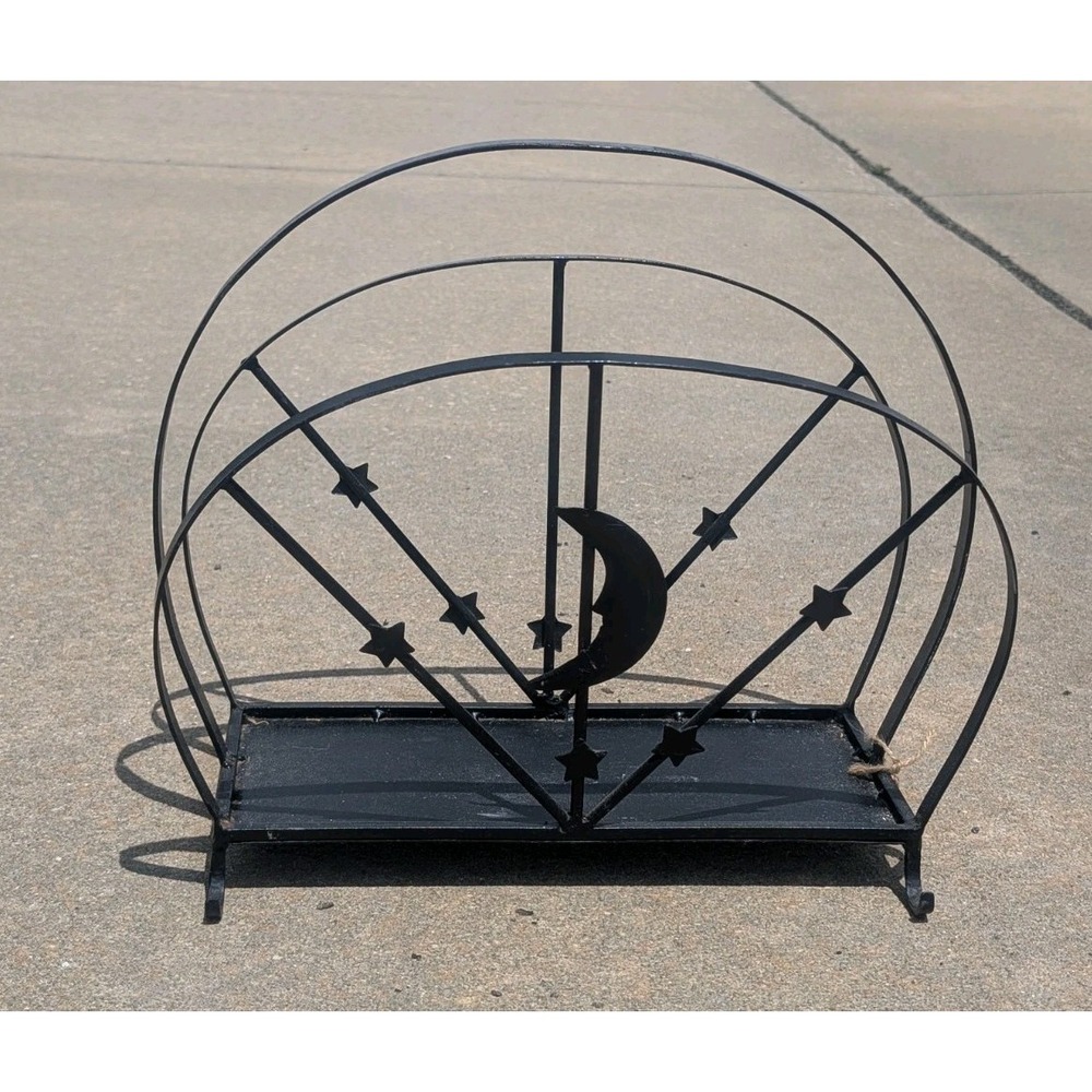 Vintage Celestial Moon & Star Black Metal Magazine/Newspaper Holder Rack 16"X14"